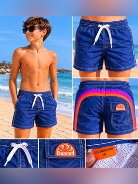 Sundek Youth Swim Trunks Size 14 Navy Rainbow Stripe Board Shorts Surf Swimwear